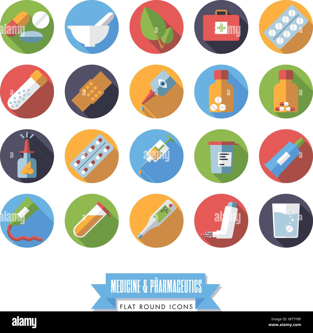 Collection of flat design long shadow round medicine and pharmaceutics icons Stock Vector