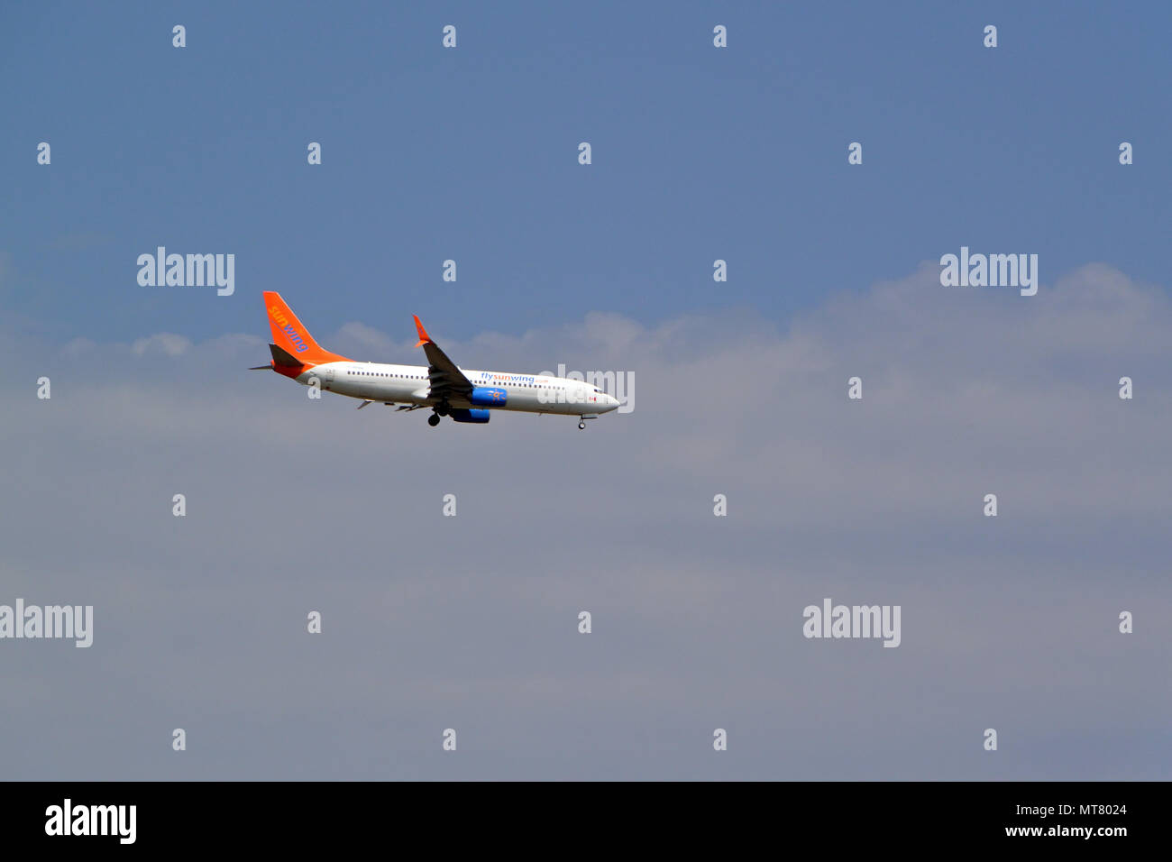 Canadian Sunwing Airlines Boeing 737-800 on final landing approach to Norwich airport, Norfolk, UK Stock Photo