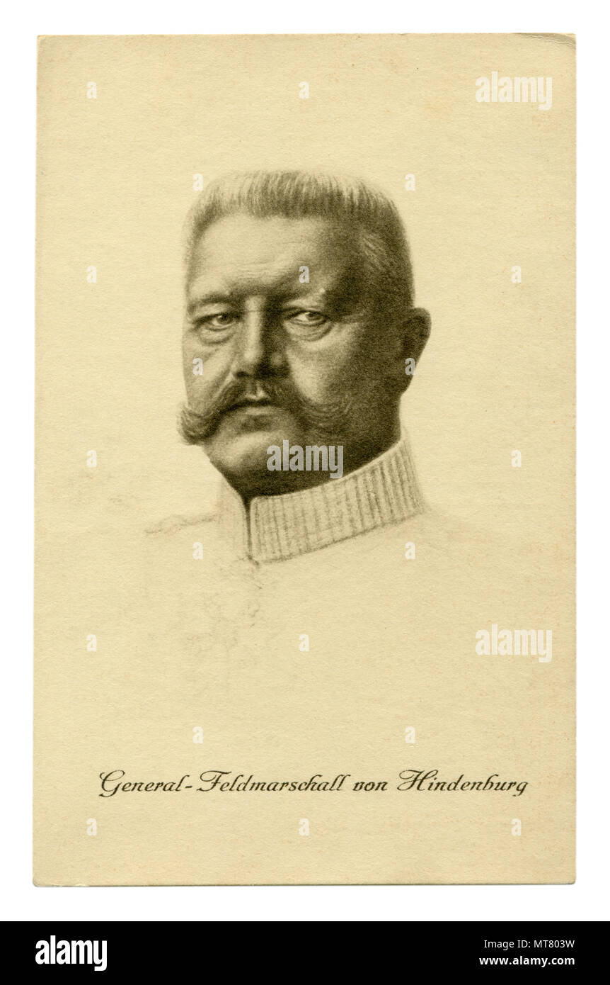 German historical postcard: Black and white painted portrait of Paul von Hindenburg with text: field Marshal General. world war one 1914-1918. Germany Stock Photo