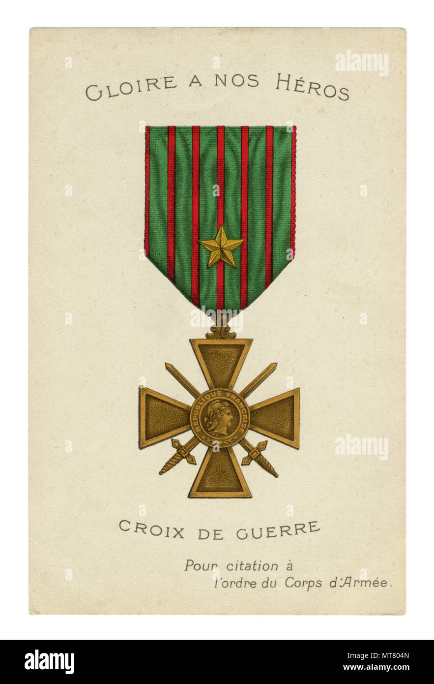 French historical postcard: Croix de Guerre (Cross of War).  Medal with a gold star (corps level), military decoration of France,  world war one 1914 Stock Photo