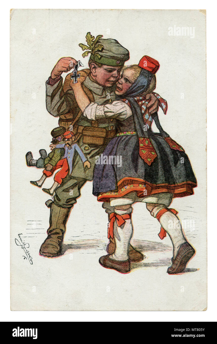 German historical postcard: Children as adults: the soldier returned to his girlfriend from the front with an iron cross. The embrace of the beloved. Stock Photo