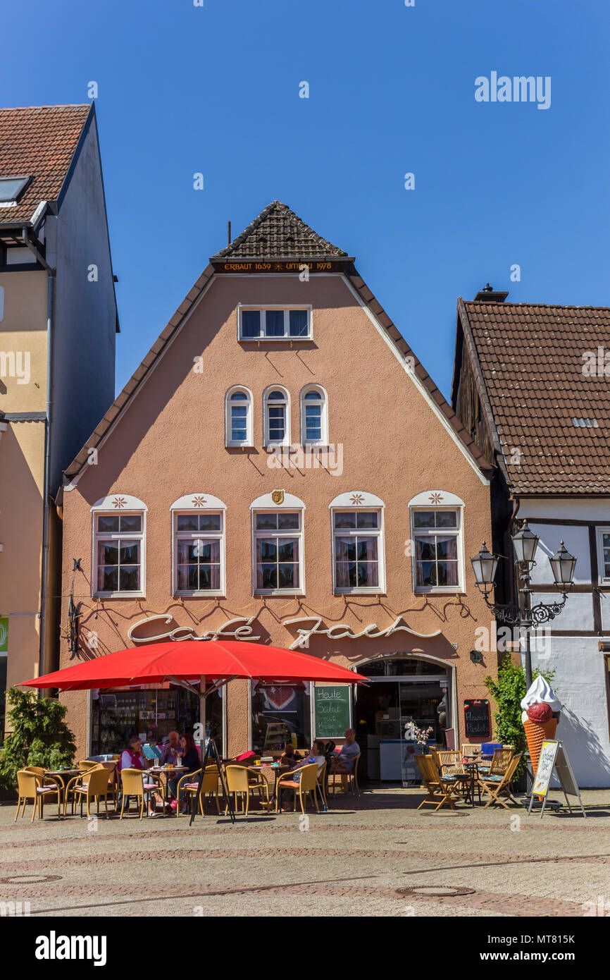 Ice cream shop at the historic goose market square in Herford, Germany Stock Photo