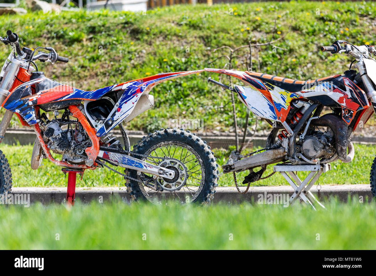 Closeup of mountain offroad motorcycle wheel in the mud Stock Photo Alamy