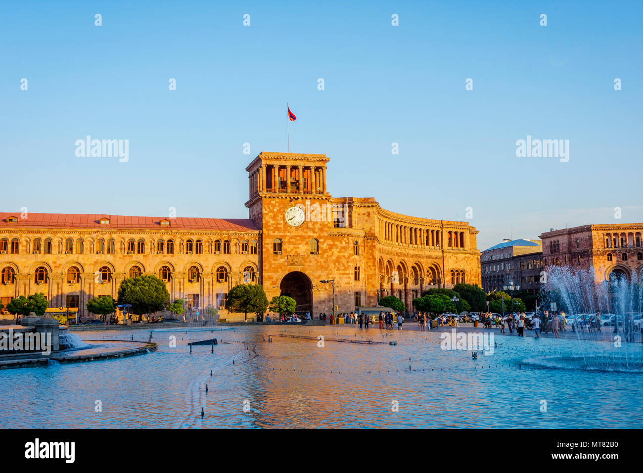 YEREVAN, ARMENIA - AUGUST 2: Republic square with the fountain and clock tower in Armenia capital. August 2017 Stock Photo