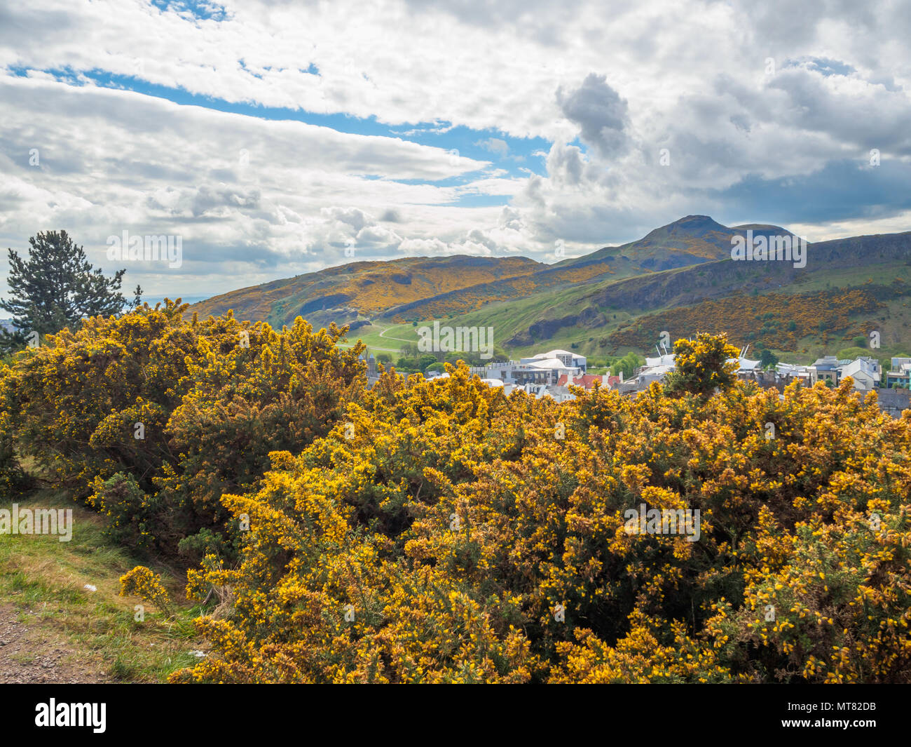 Beautiful view of Arthur's Seat in Edinburgh, Scotland, UK from Calton Hill on a bright sunny day. Stock Photo