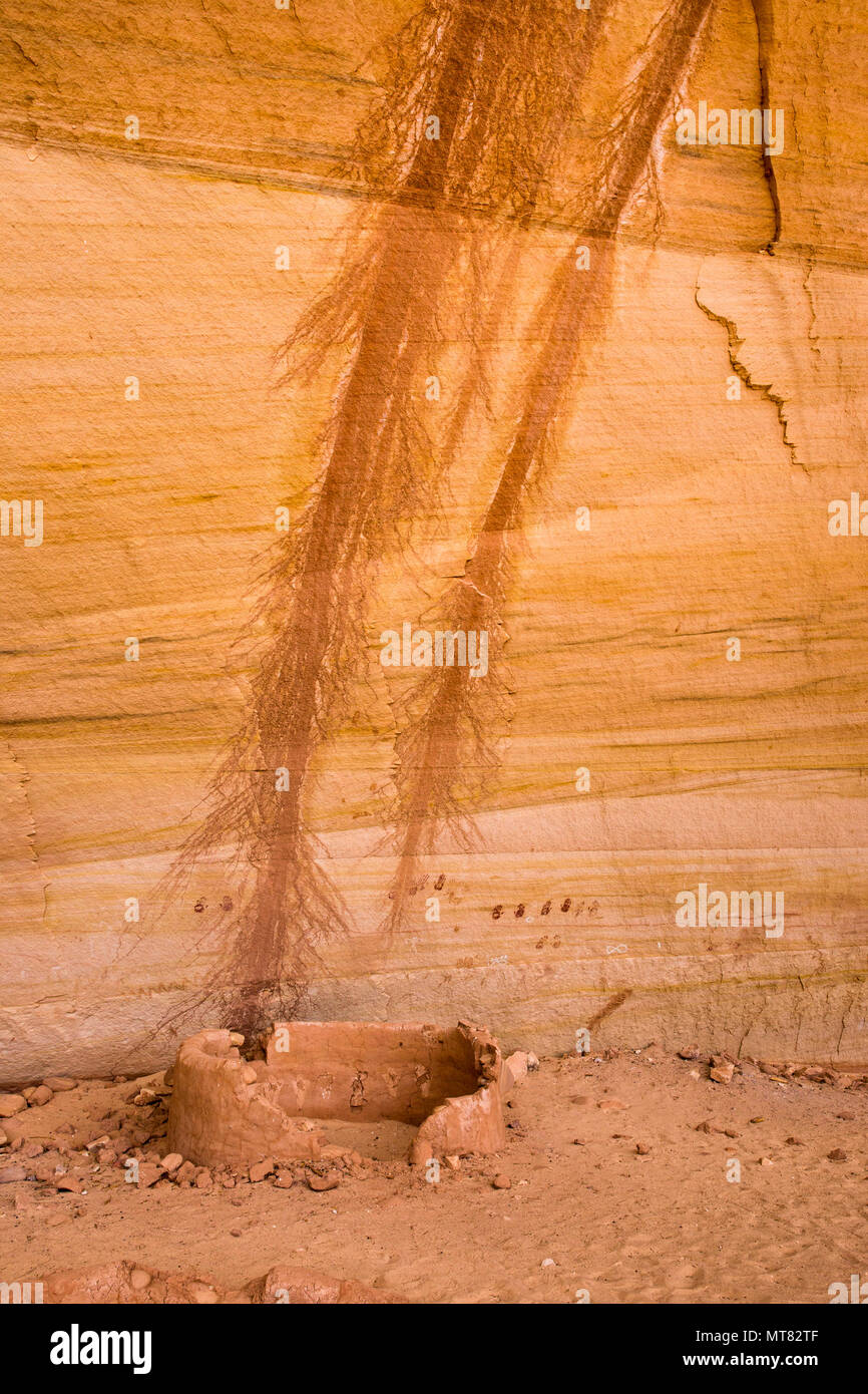 Ancient Ancestral Puebloan historic site structure with pairs of handprint pictographs on the back mineral stained sandstone wall in southeastern Utah Stock Photo