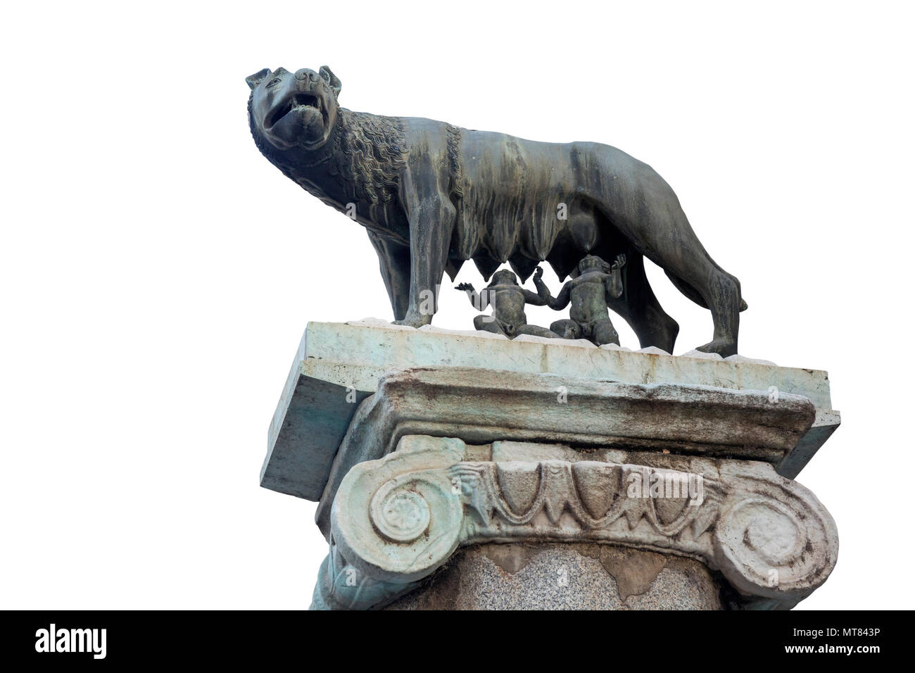 Statue of the she-wolf with Rem and Romulus isolated on white, on ...