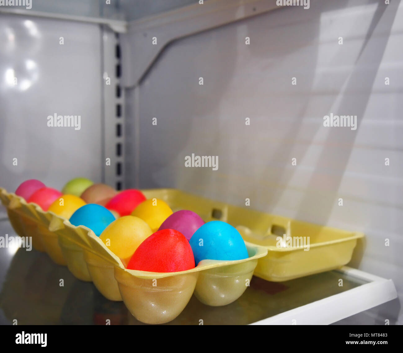 A styrofoam egg sits open in a refrigerator with a dozen colorful dyed hard boiled eggs for the Easter holiday. Stock Photo