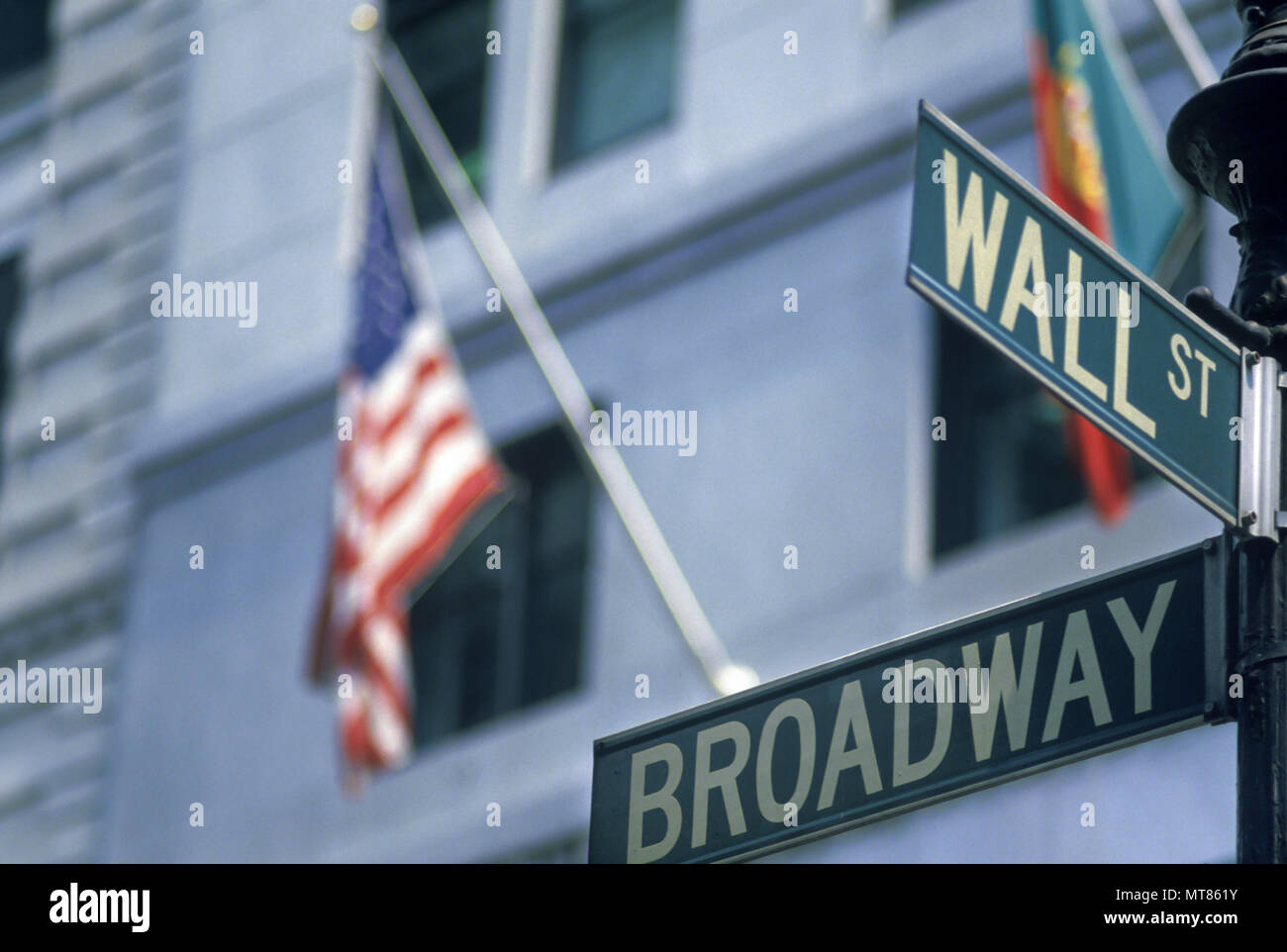 1988 HISTORICAL BROADWAY WALL STREET INTERSECTION STREET SIGNS FINANCIAL DISTRICT MANHATTAN NEW YORK CITY USA Stock Photo