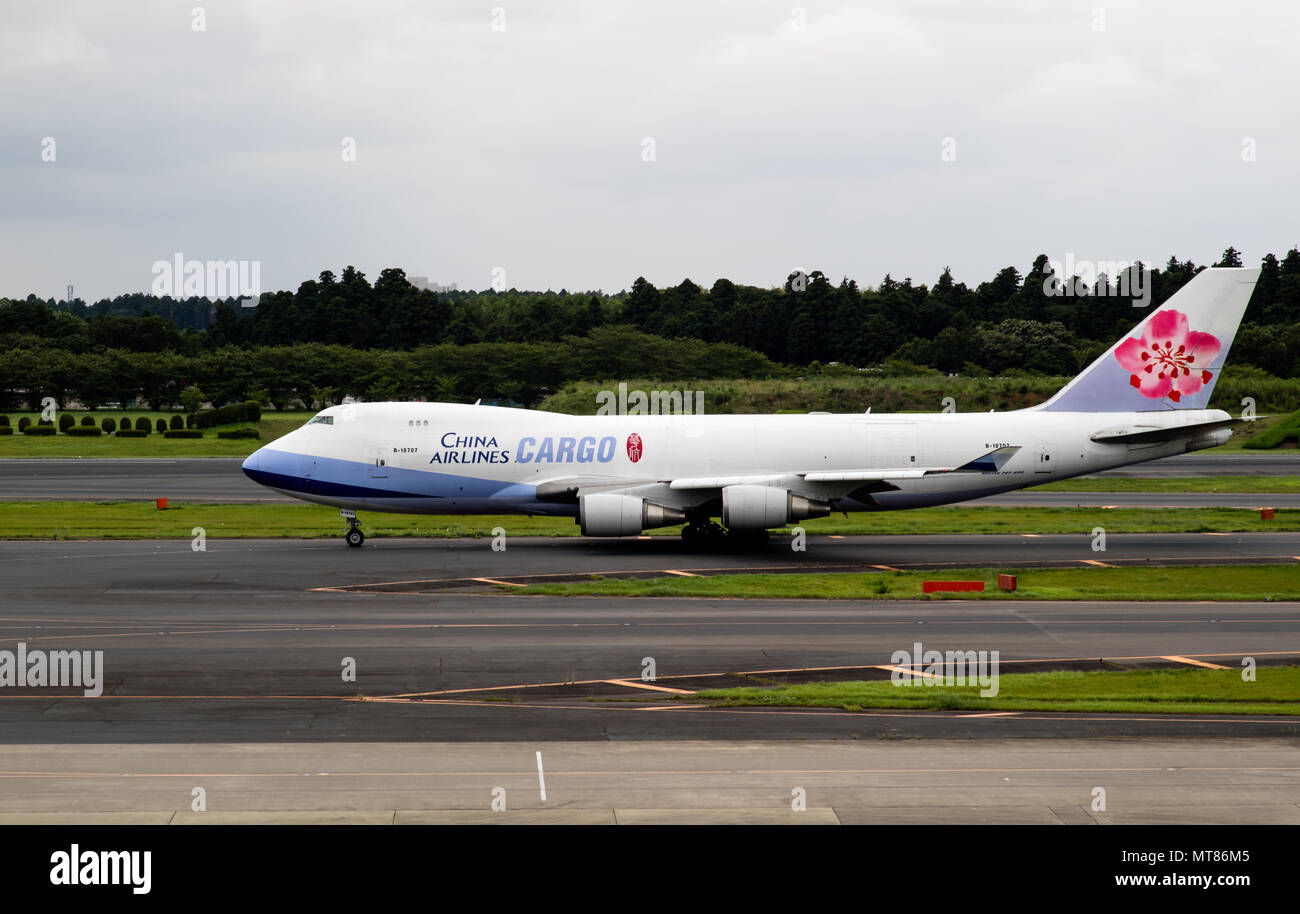 Tokyo, Japan - 08/02/2017: A China Airlines Cargo Boeing 747 taxiing in preparation for take-off in Narita Airport. Stock Photo