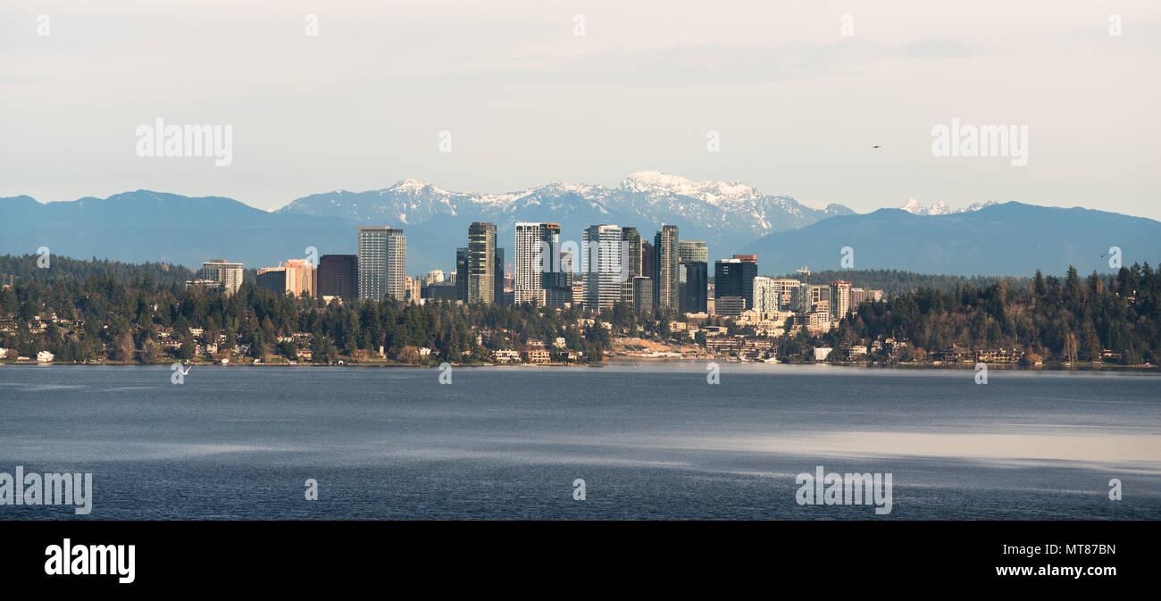 A long panoramic shot of the urban jungle that is Bellevue Washington Stock Photo