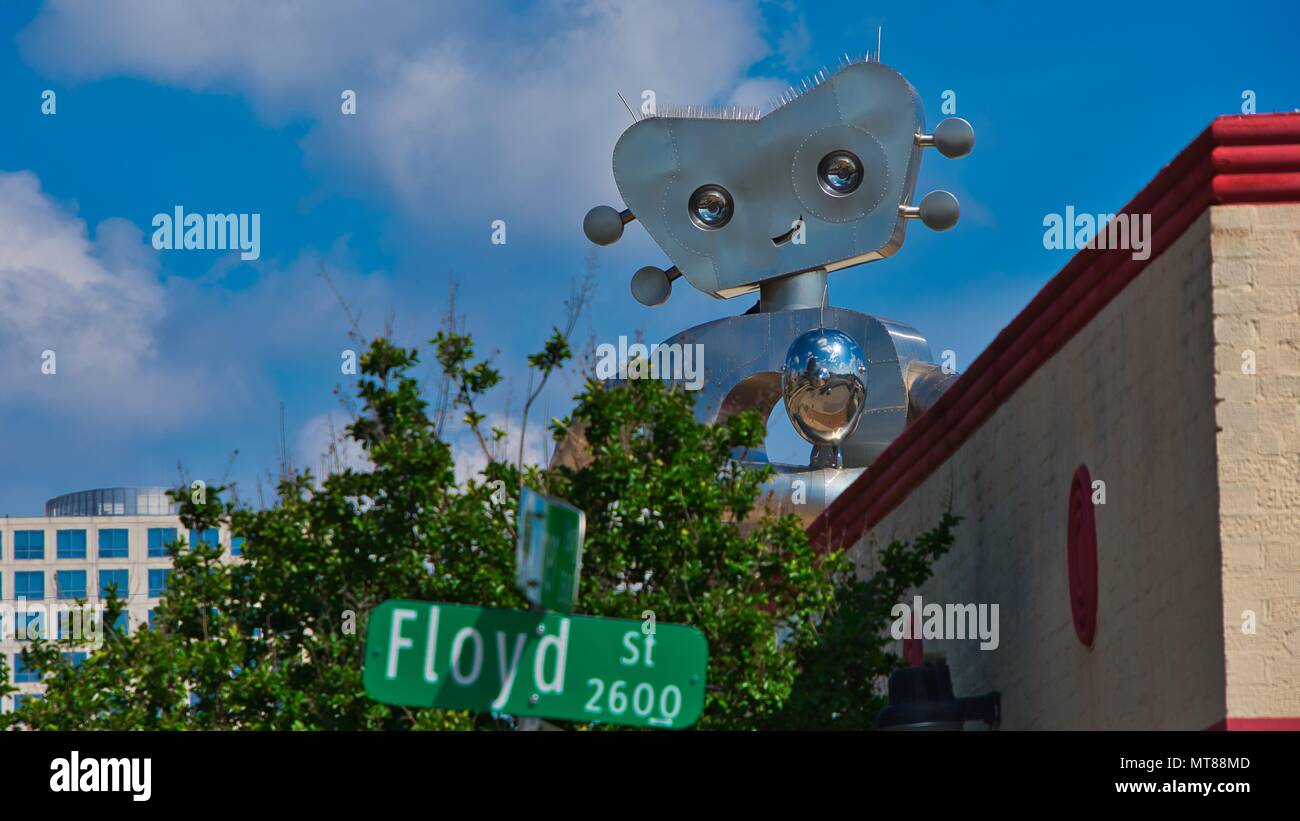 "The Traveling Man" Metal Sculpture in Deep Ellum, a neighborhood of Dallas, Texas Stock Photo