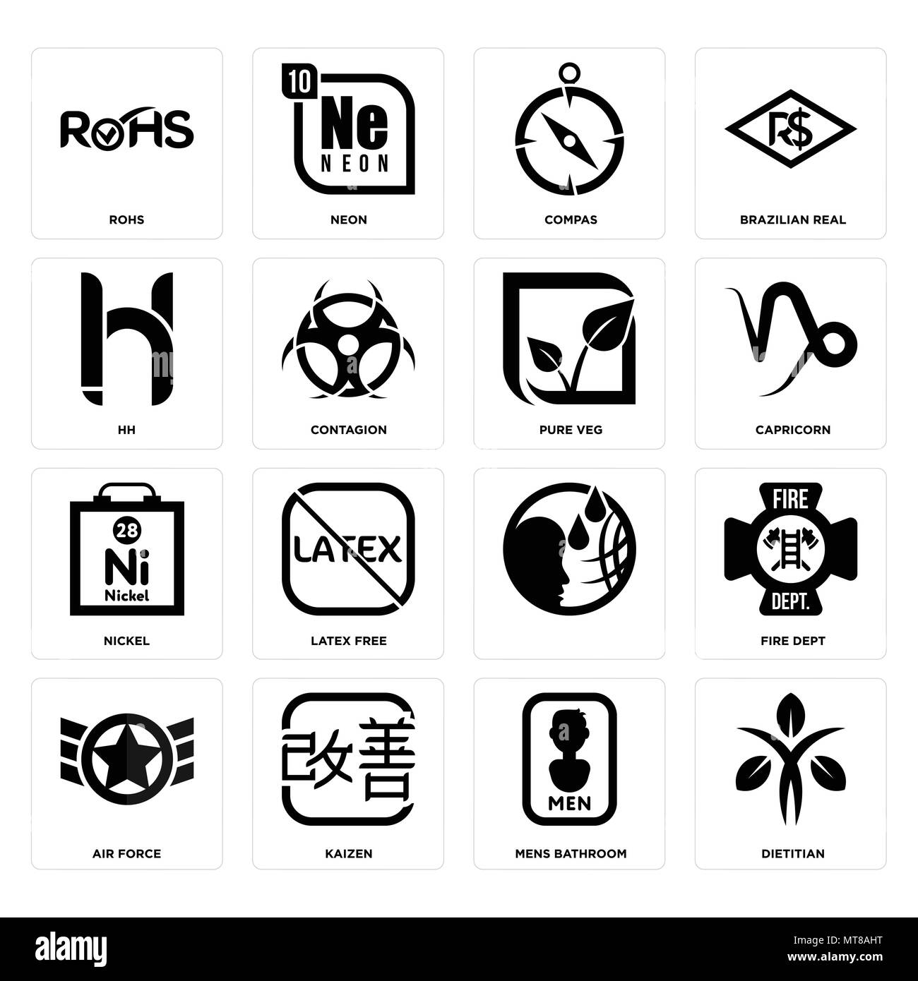 Set Of 16 simple editable icons such as dietitian, mens bathroom, kaizen, air force, fire dept, rohs, hh, nickel, pure veg can be used for mobile, web Stock Vector