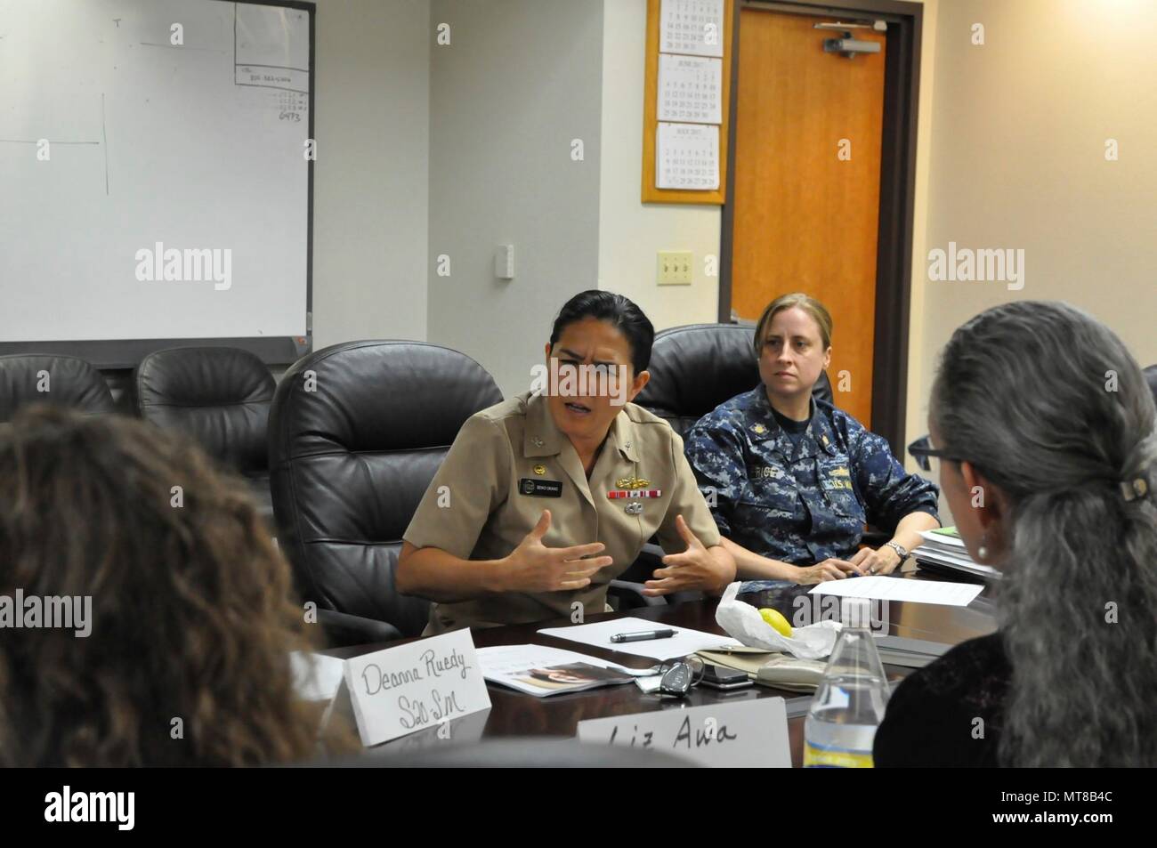 Capt. Seiko Okano, Program Executive Office Integrated Warfare Systems 2.0 Major Program Manager, leads the Lean In Circles meeting, May 12. Stock Photo