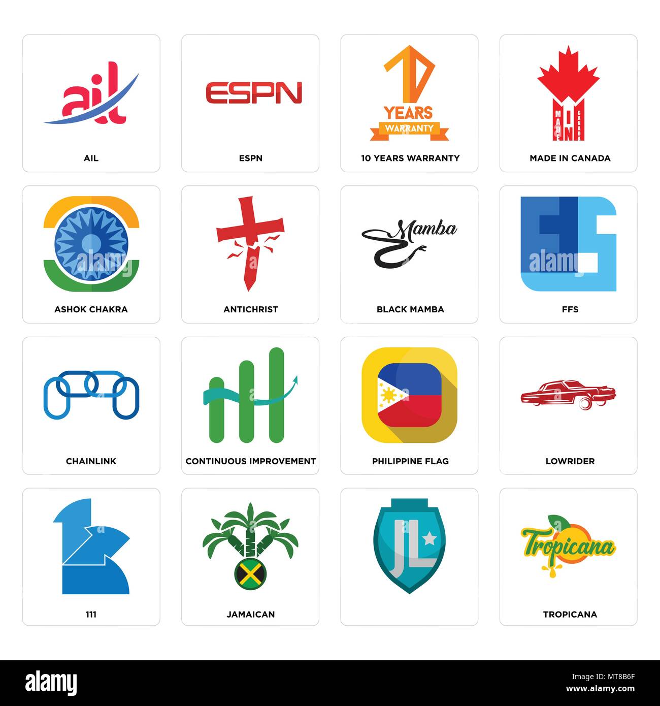 Set Of 16 simple editable icons such as tropicana, , jamaican, 111, lowrider, ail, ashok chakra, chainlink, black mamba can be used for mobile, web UI Stock Vector