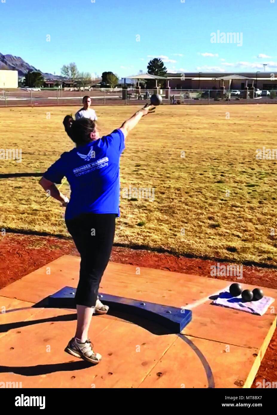 Lt Col Jackie Burns, 552d Air Control Group, 552d Air Control Wing, competes in the shot put event at the Wounded Warrior Trials held February 17, 2017 at Nellis Air Force Base, Nevada.  Burns earned three Silver Medals and one Bronze Medal and was selected to the primary Air Force team that will compete in the Warrior Games in Chicago June 30 - July 8, 2017.    (Air Force photo by Marty Burns) Stock Photo