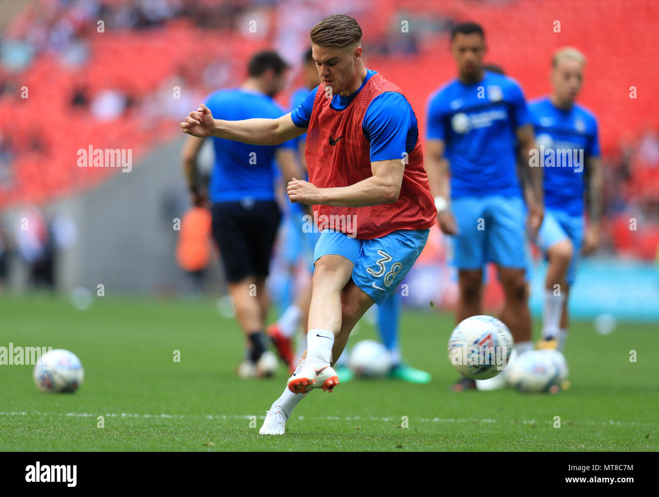 Coventry City's Jordan Ponticelli warms up prior to the Sky Bet League Two Final at Wembley Stadium, London. PRESS ASSOCIATION Photo. Picture date: Monday May 28, 2018. See PA story SOCCER League Two. Photo credit should read: Mike Egerton/PA Wire. RESTRICTIONS: No use with unauthorised audio, video, data, fixture lists, club/league logos or 'live' services. Online in-match use limited to 75 images, no video emulation. No use in betting, games or single club/league/player publications. Stock Photo