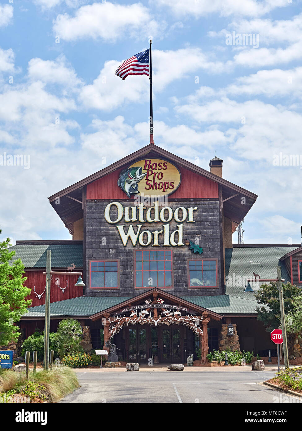Bass Pro Shops Outdoor World front exterior entrance of the mega sized camping, hunting, fishing, and boating store or business in Prattville Alabama. Stock Photo