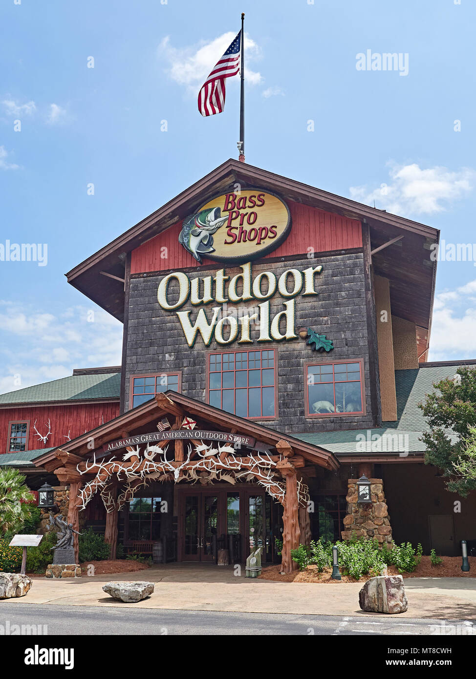 Bass Pro Shops Outdoor World front exterior entrance of the mega sized camping, hunting, fishing, and boating store or business in Prattville Alabama. Stock Photo