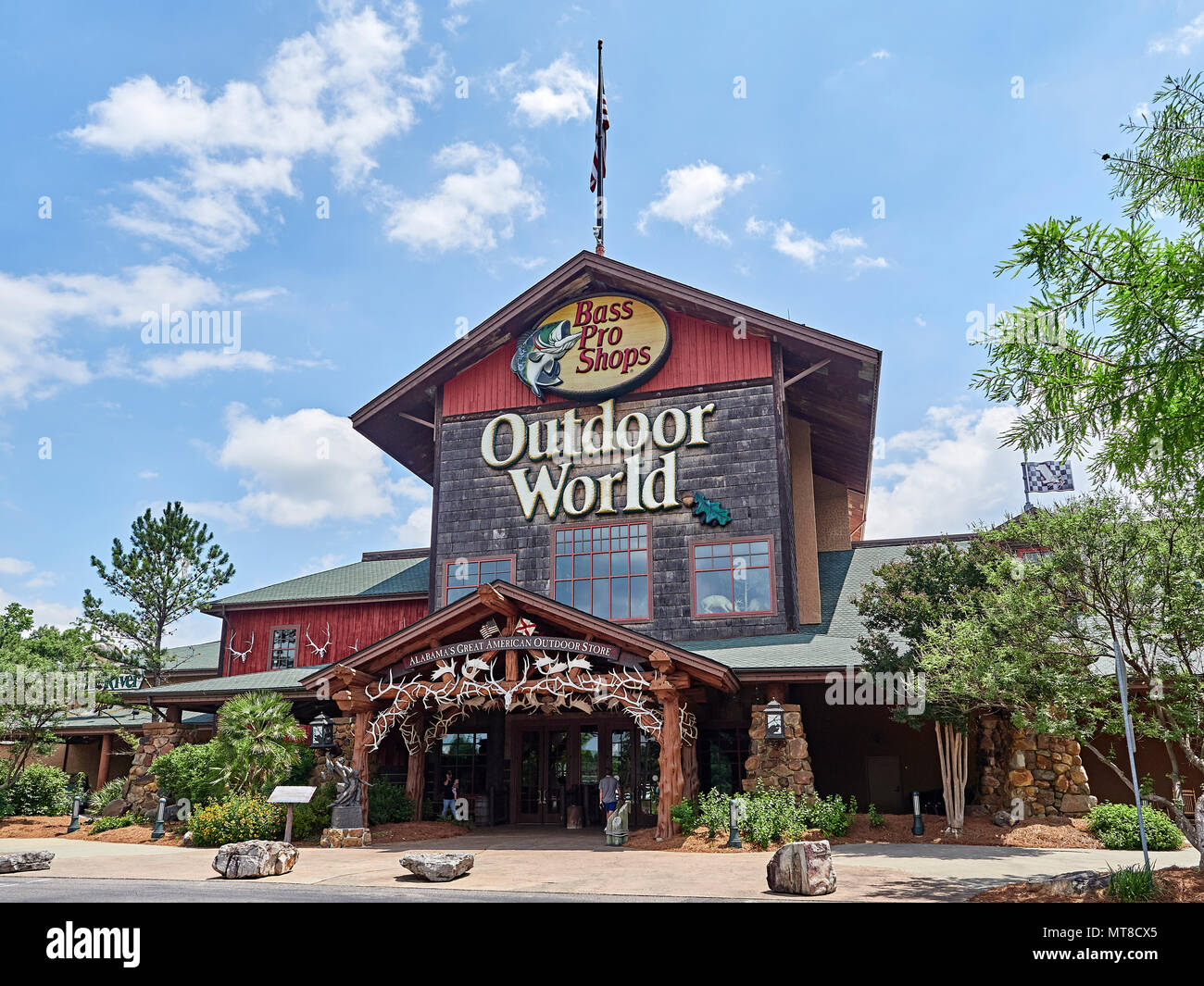 Bass Pro Shops Outdoor World front exterior entrance of the mega sized camping, hunting, fishing, and boating store or business in Prattville Alabama. Stock Photo
