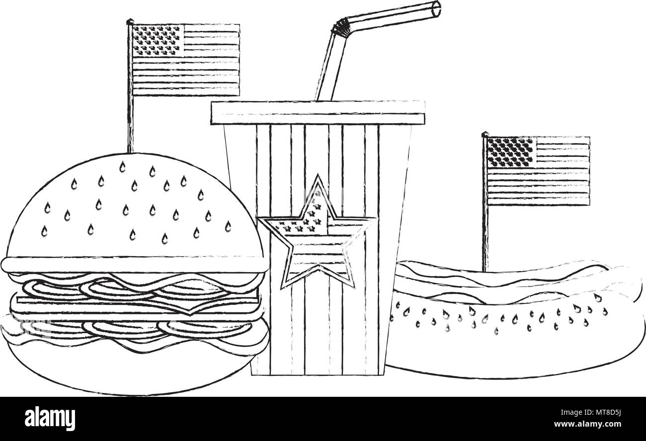burger hotdog and soda with flag american Stock Vector