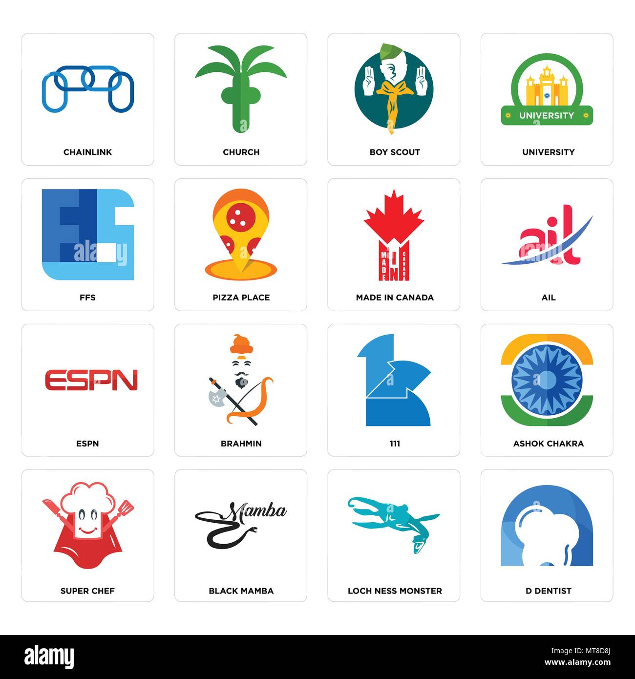 Set Of 16 simple editable icons such as d dentist, loch ness monster, black mamba, super chef, ashok chakra, chainlink, ffs, espn, made in canada can  Stock Vector