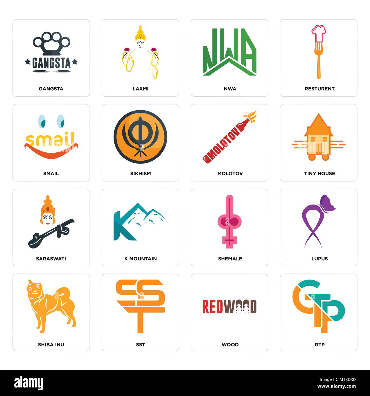Set Of 16 simple editable icons such as gtp, wood, sst, shiba inu, lupus, gangsta, smail, saraswati, molotov can be used for mobile, web UI Stock Vector