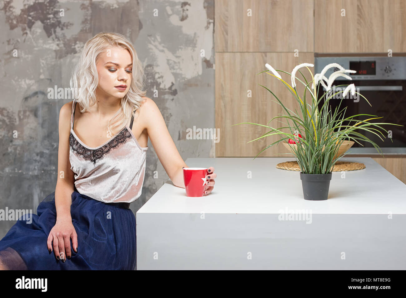 woman drinking coffee in the morning at home Stock Photo