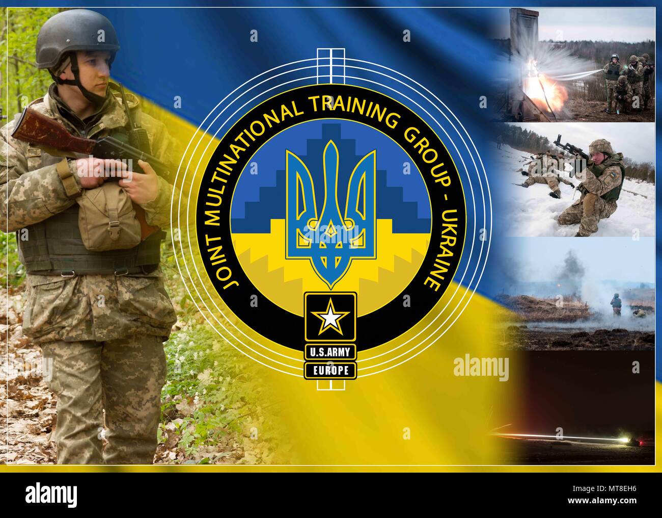 188 by 134-inch wall graphic to be displayed in Joint Multinational Training Group-Ukraine visitor reception hall. This graphic incorporates the updated JMTG-U logo over a Ukrainian flag blended with photos of Ukrainian Troops training at the Yavoriv Combat Training Center. The graphic is created to serve as a welcome sign and instill confidence in the professionalism of the JMTG-U. Diplomats, generals and even school children all take their photos in front of this large graphic when visiting the Yavoriv CTC. (U.S. Army National Guard graphic by Sgt. Anthony Jones) Stock Photo
