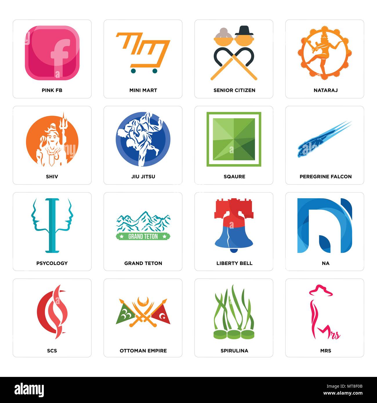 Set Of 16 simple editable icons such as mrs, spirulina, ottoman empire, scs, na, pink fb, shiv, psycology, sqaure can be used for mobile, web UI Stock Vector