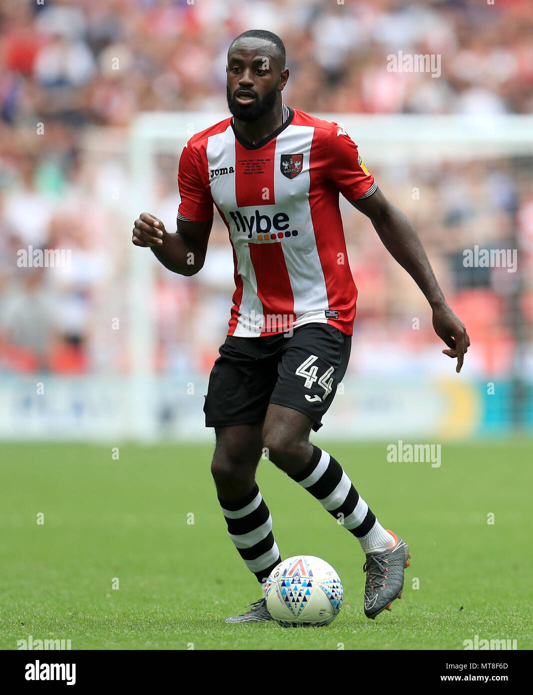 Exeter City's Hiram Boateng during the Sky Bet League Two Final at Wembley Stadium, London. PRESS ASSOCIATION Photo. Picture date: Monday May 28, 2018. See PA story SOCCER League Two. Photo credit should read: Mike Egerton/PA Wire. RESTRICTIONS: No use with unauthorised audio, video, data, fixture lists, club/league logos or 'live' services. Online in-match use limited to 75 images, no video emulation. No use in betting, games or single club/league/player publications. Stock Photo