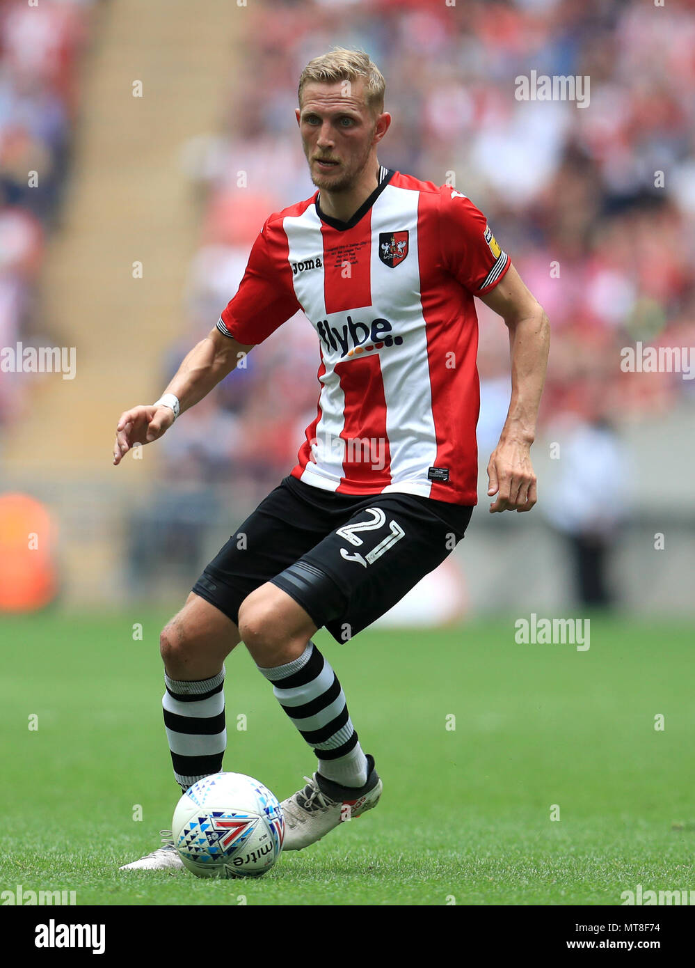 Exeter City's Dean Moxey during the Sky Bet League Two Final at Wembley Stadium, London. PRESS ASSOCIATION Photo. Picture date: Monday May 28, 2018. See PA story SOCCER League Two. Photo credit should read: Mike Egerton/PA Wire. RESTRICTIONS: No use with unauthorised audio, video, data, fixture lists, club/league logos or 'live' services. Online in-match use limited to 75 images, no video emulation. No use in betting, games or single club/league/player publications. Stock Photo