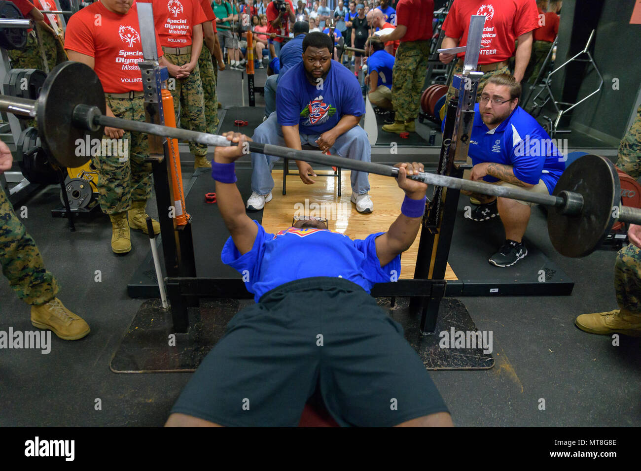 Isaiah Newson, Area 16 athlete, bench presses in the powerlifting  competition during the Special Olympics Mississippi 2018 Summer Games at  the Triangle Fitness Center at Keesler Air Force Base, Mississippi, May 12,