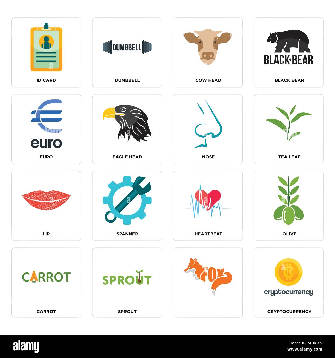 Set Of 16 simple editable icons such as cryptocurrency, , sprout, carrot,  olive, id card, euro, lip, nose can be used for mobile, web UI Stock Vector  Image & Art - Alamy