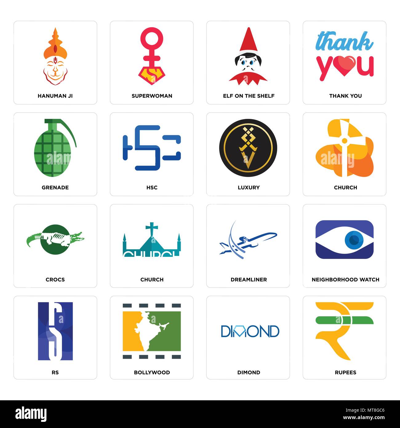 Set Of 16 simple editable icons such as rupees, dimond, bollywood, rs, neighborhood watch, hanuman ji, grenade, crocs, luxury can be used for mobile,  Stock Vector