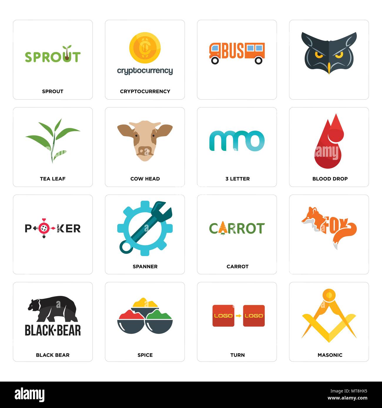 Set Of 16 simple editable icons such as masonic, turn, spice, black bear, , sprout, tea leaf, 3 letter can be used for mobile, web UI Stock Vector