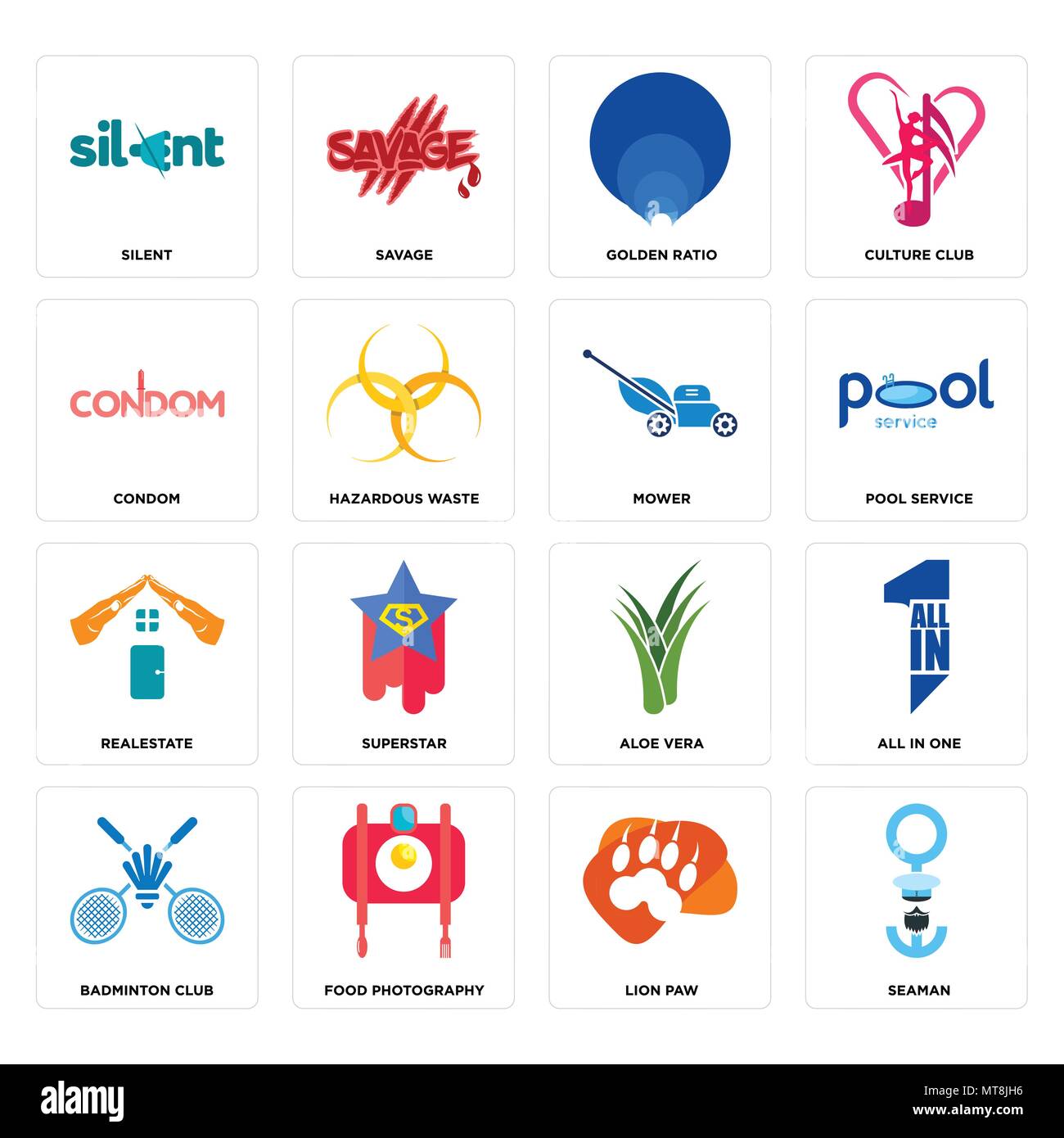 Set Of 16 simple editable icons such as seaman, lion paw, food photography, badminton club, all in one, silent, condom, realestate, mower can be used  Stock Vector
