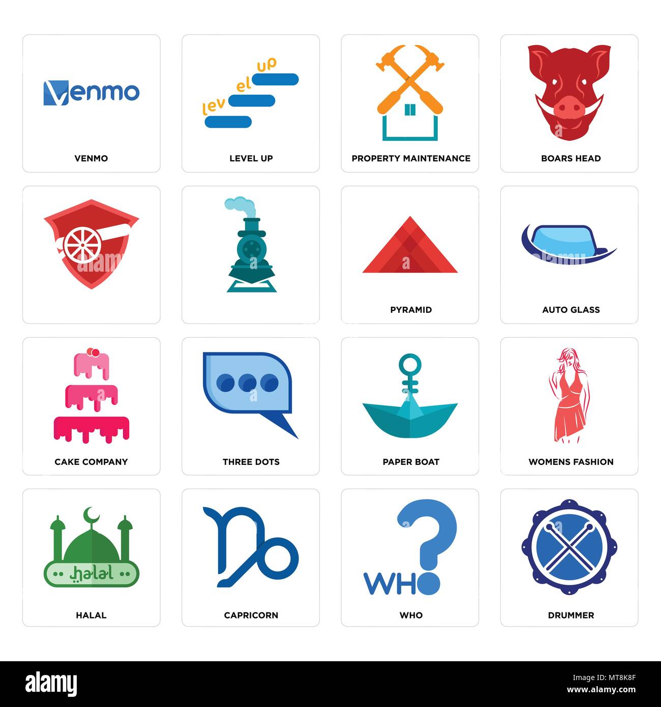 Set Of 16 simple editable icons such as drummer, who, capricorn, halal, womens fashion, venmo, , cake company, pyramid can be used for mobile, web UI Stock Vector