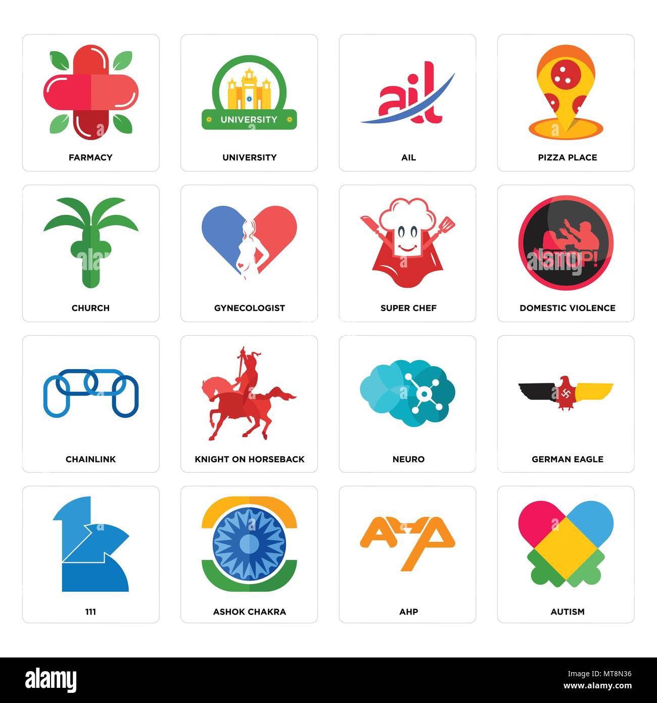 Set Of 16 simple editable icons such as autism, ahp, ashok chakra, 111, german eagle, farmacy, church, chainlink, super chef can be used for mobile, w Stock Vector