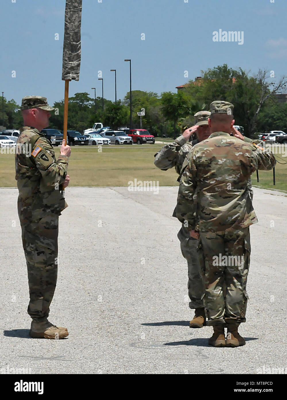 The 1st Battalion, 141st Infantry Regiment of the 72nd Infantry Brigade Combat Team, 36th Infantry Division, Texas Army National Guard held a deployment ceremony on April 16, 2018 at Joint Base San Antonio - Fort Sam Houston, Texas.  Task Force Alamo is set to deploy to the Horn of Africa to take over duties from their Texas sister, the 3rd Battalion, 144th Infantry Regiment of the 56th IBCT.  Friends and family said farewell for the unit set to deploy later this month.  (Texas Army National Guard photo by Master Sgt. Michael Leslie, 36th Infantry Division Public Affairs) Stock Photo