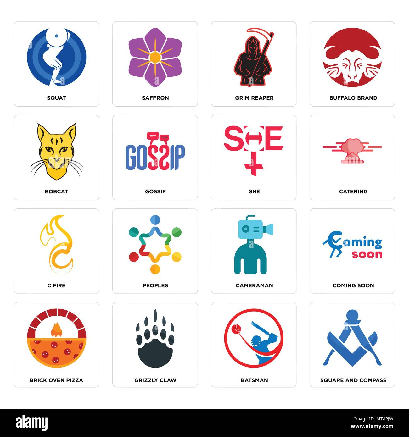 Set Of 16 simple editable icons such as square and compass, batsman, grizzly claw, brick oven pizza, coming soon, squat, bobcat, c fire, she can be us Stock Vector
