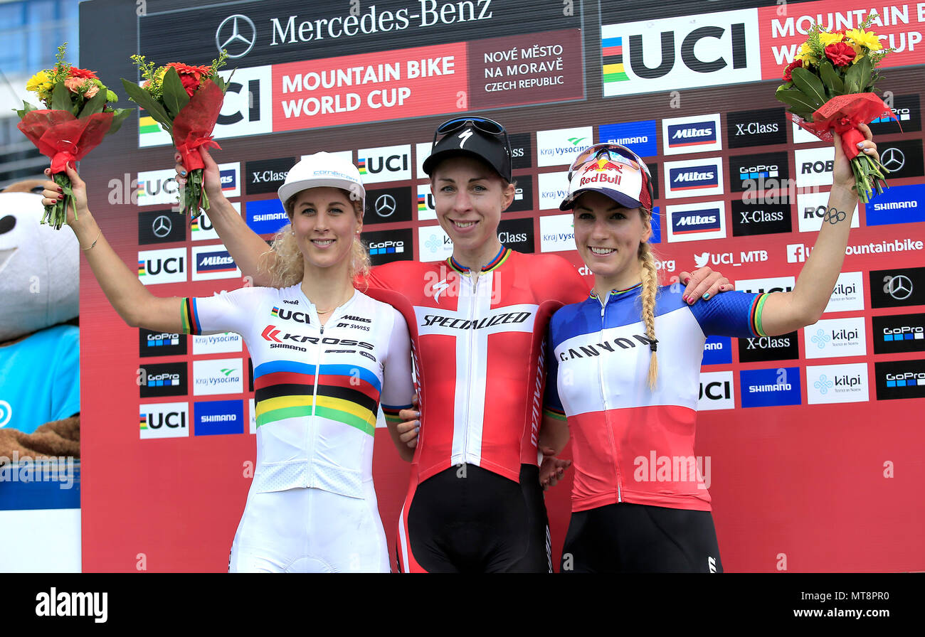 From Left Cross Country Bikers Second Jolanda Neff Of Switzerland Winner Annika Langvad Of Denmark And Third Pauline Ferrand Prevot Of France After The World Cup Mountain Biking In Nove Mesto Na Morave