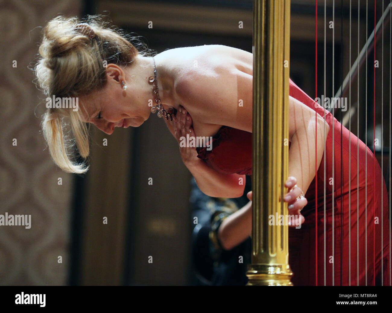 Harpist Jana Bouskova & PKF - Prague Philharmonia under the baton of Zbynek Muller perform during concert within the Prague Spring international music festival in Prague, Czech Republic, May 26, 2018. (CTK Photo/Michala Rihova) Stock Photo