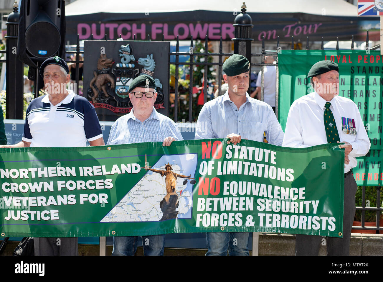 Belfast City Hall,Belfast, Northern Ireland. 28th May 2018. Members from the Northern Ireland Crown Forces Veterans For Justice held a Rally outside Belfast City Hall to protest at Govenment  who have indicated that they are ready to start consultations on the statute of limitations. Photo: Sean Harkin/Alamy Live News  Stock Photo