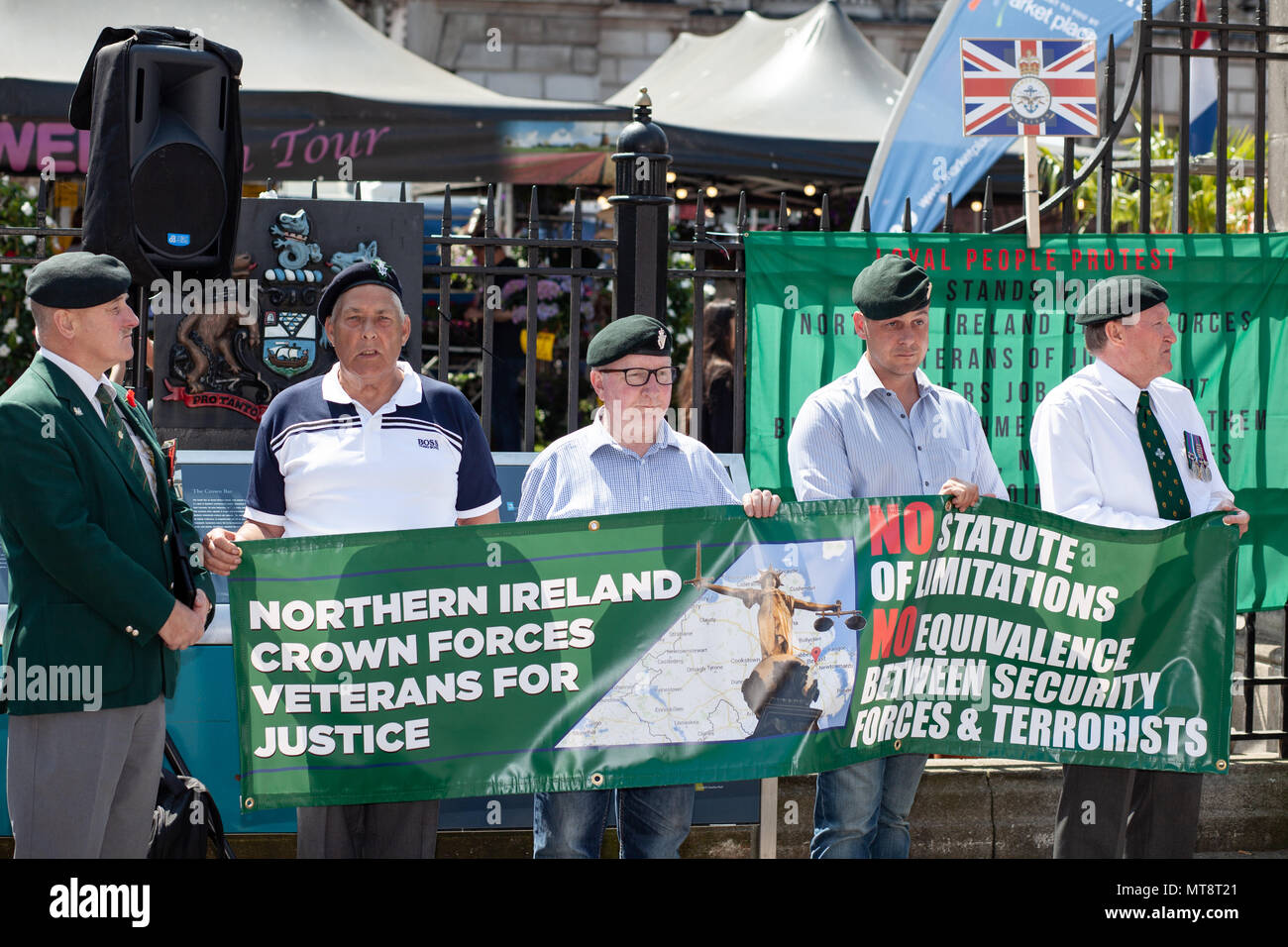 Belfast City Hall,Belfast, Northern Ireland. 28th May 2018. Members from the Northern Ireland Crown Forces Veterans For Justice held a Rally outside Belfast City Hall to protest at Govenment  who have indicated that they are ready to start consultations on the statute of limitations. Photo: Sean Harkin/Alamy Live News  Stock Photo