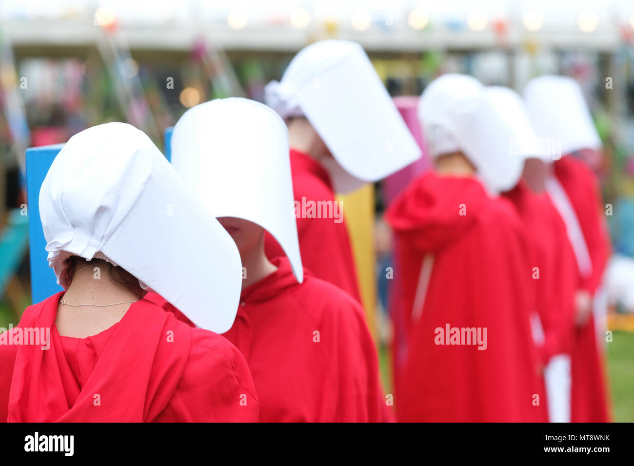 Hay Festival, Hay on Wye, UK - Monday 28th May 2018 - Handmaids at Hay - Handmaids arrive to escort author Margaret Atwood to the stage at the Hay Festival to discuss The Handmaids Tale  - Photo Steven May / Alamy Live News Stock Photo