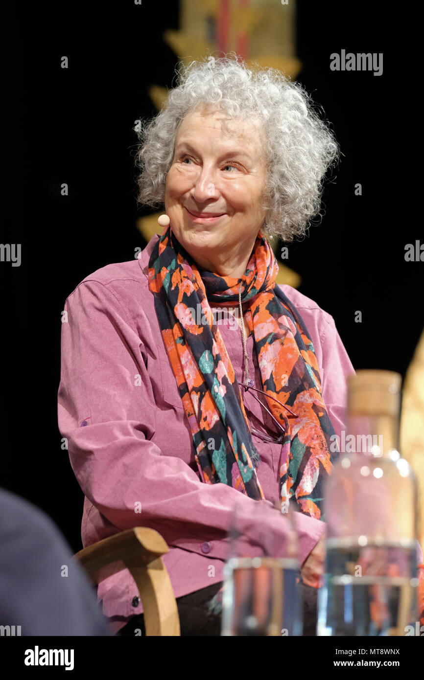 Hay Festival, Hay on Wye, UK - Monday 28th May 2018 - Margaret Atwood on stage at the Hay Festival to discuss her dystopian novel The Handmaids Tale  - Photo Steven May / Alamy Live News Stock Photo