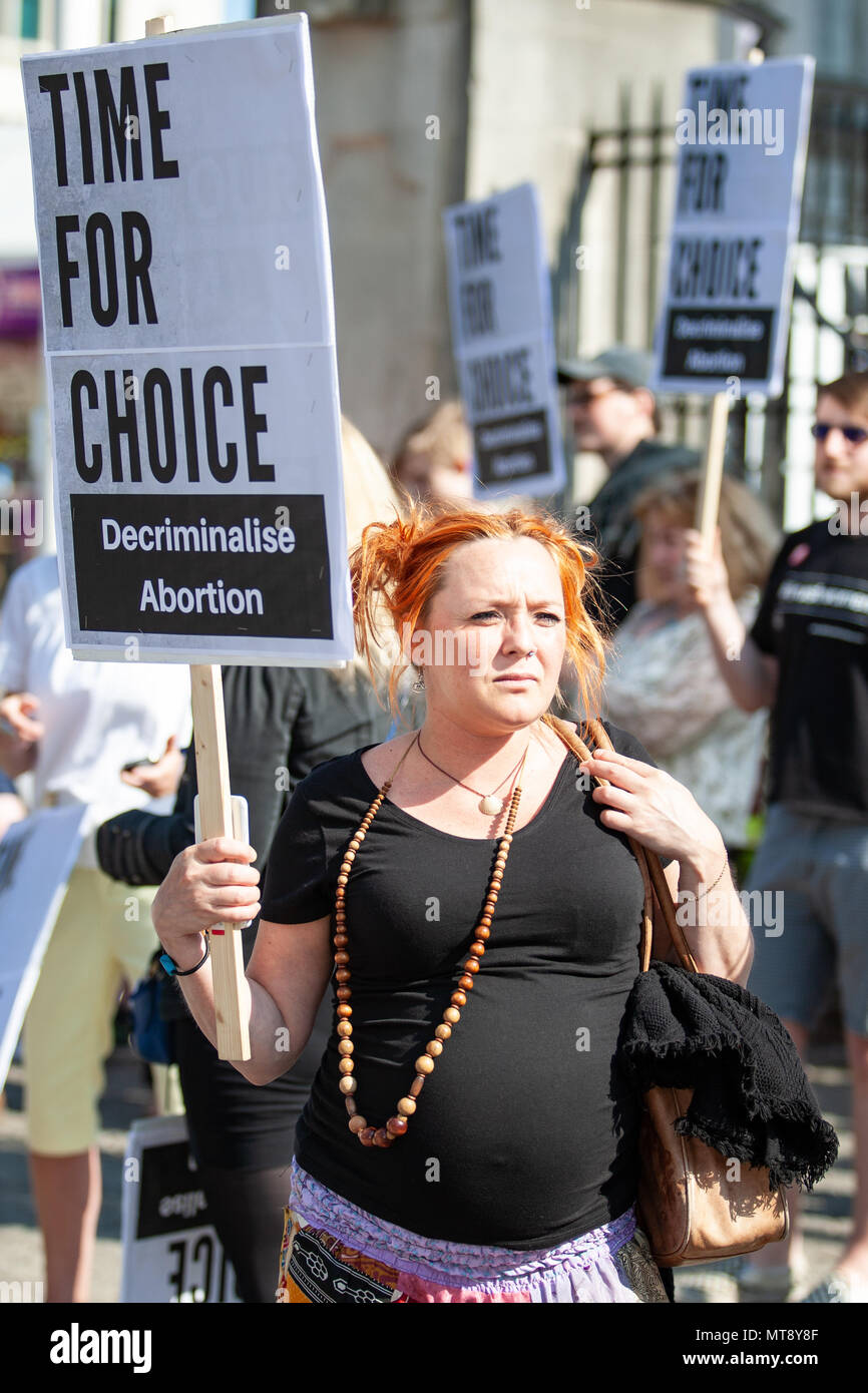Belfast City Hall,  Northern Ireland. 28th May 2018. Lucile Vanlerberghe (31) From France who is due to give Birth in June was at the #TimeForChoice rally outside Belfast City Hall there was Several Hundred Activists turned out to show their support Photo: Sean Harkin/Alamy Live News Stock Photo
