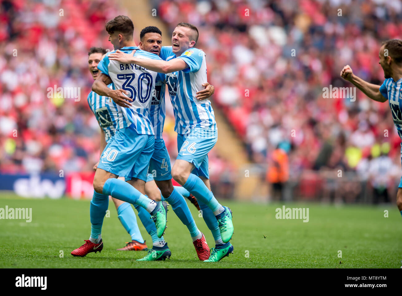 London, UK. 28th May 2018. Jordan Willis of Coventry City celebrates scoring his side second goal during the EFL Sky Bet League 2 Promotion Play-Offs Final match between Coventry City and Exeter City at Wembley Stadium, London, England on 28 May 2018. Credit: THX Images/Alamy Live News Stock Photo