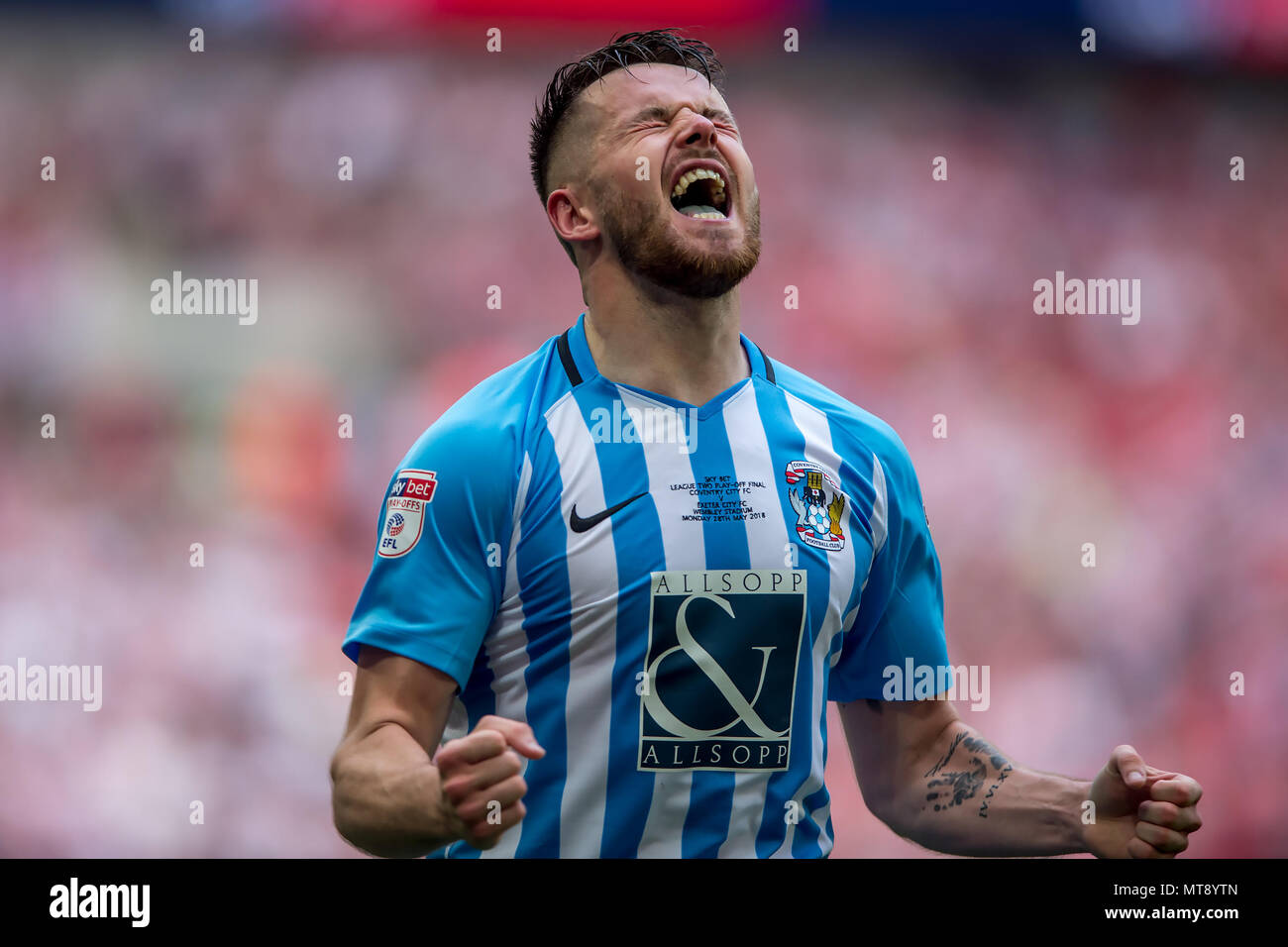 London, UK. 28th May 2018. Marc McNulty of Coventry City celebrates the promotion to the League One during the EFL Sky Bet League 2 Promotion Play-Offs Final match between Coventry City and Exeter City at Wembley Stadium, London, England on 28 May 2018. Credit: THX Images/Alamy Live News Stock Photo